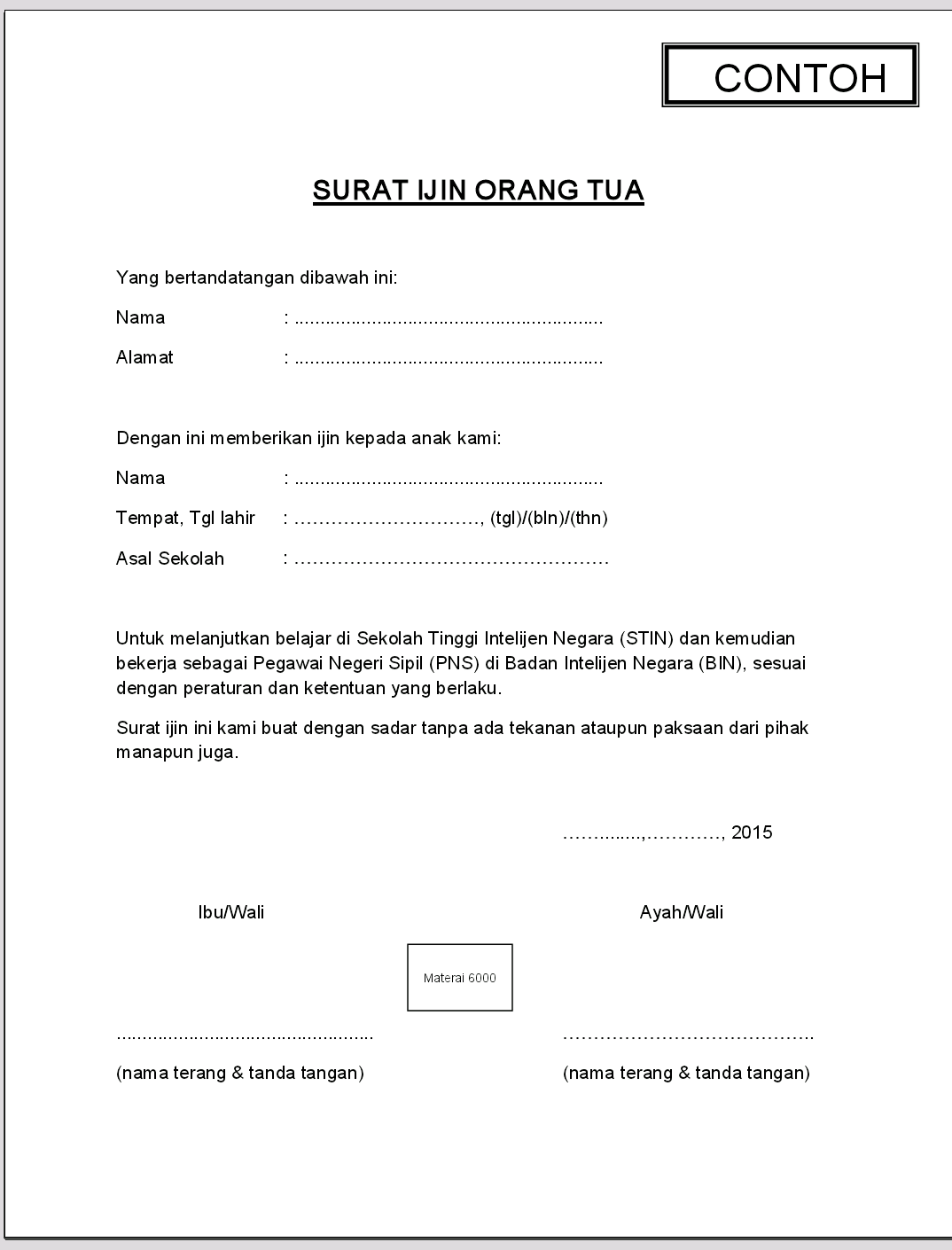 Format Surat Ijin Orang Tua PMB STIN 2015/2016 