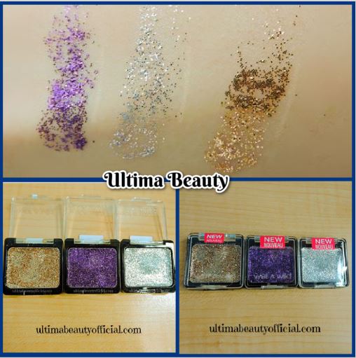 Collage of three pictures. Text reads "Ultima Beauty" Picture 1: Swatches of three Wet n Wild Color Icon Glitter singles (purple, silver, gold); Picture 2: three Wet n Wild Color Icon Glitter singles (Gold, Purple, Silver) opened; Picture 3: three Wet n Wild Color Icon Glitter singles closed (Gold, Purple, Silver)