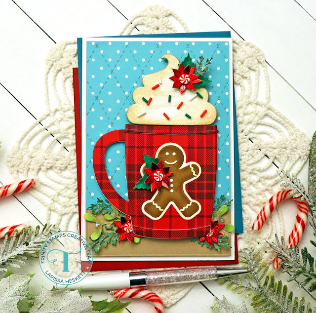 Gingerbread Mug Card by Larissa Heskett for Trinity Stamps for the Coffee Lovers Fall/Winter Blog Hop 2022 using Santa Mug Die Set, Poinsettia Bitty Botanicals Die Set, A7 Modern Embossed Die Set, Argyle Stitch Background Die, Handmade Holiday Embellishment Mix, Holiday Trimmings Patterned Paper, Milk Glass Rhinestones