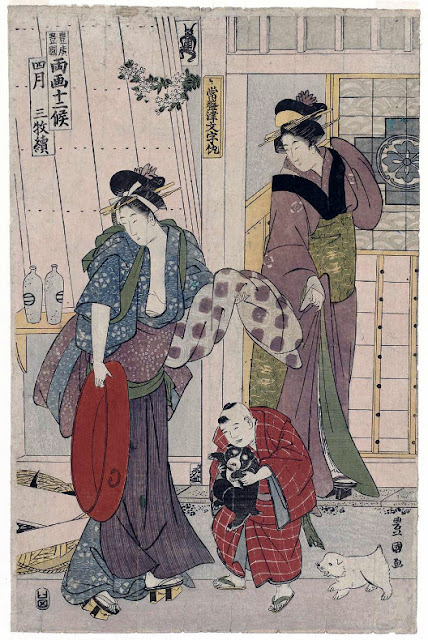 Ukiyo-e. Träsnitt. Triptyk. Twelve Months by Two Artists, Toyokuni and Toyohiro.