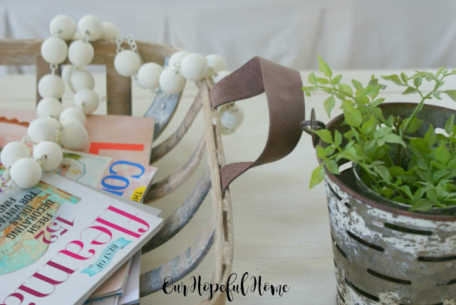 DIY tobacco tray basket leather handles magazines wood bead garland farmhouse