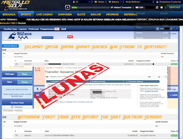 Bukti menang bapak rahmat widia dalam permainan sportsbook withdraw 31,300,000.00