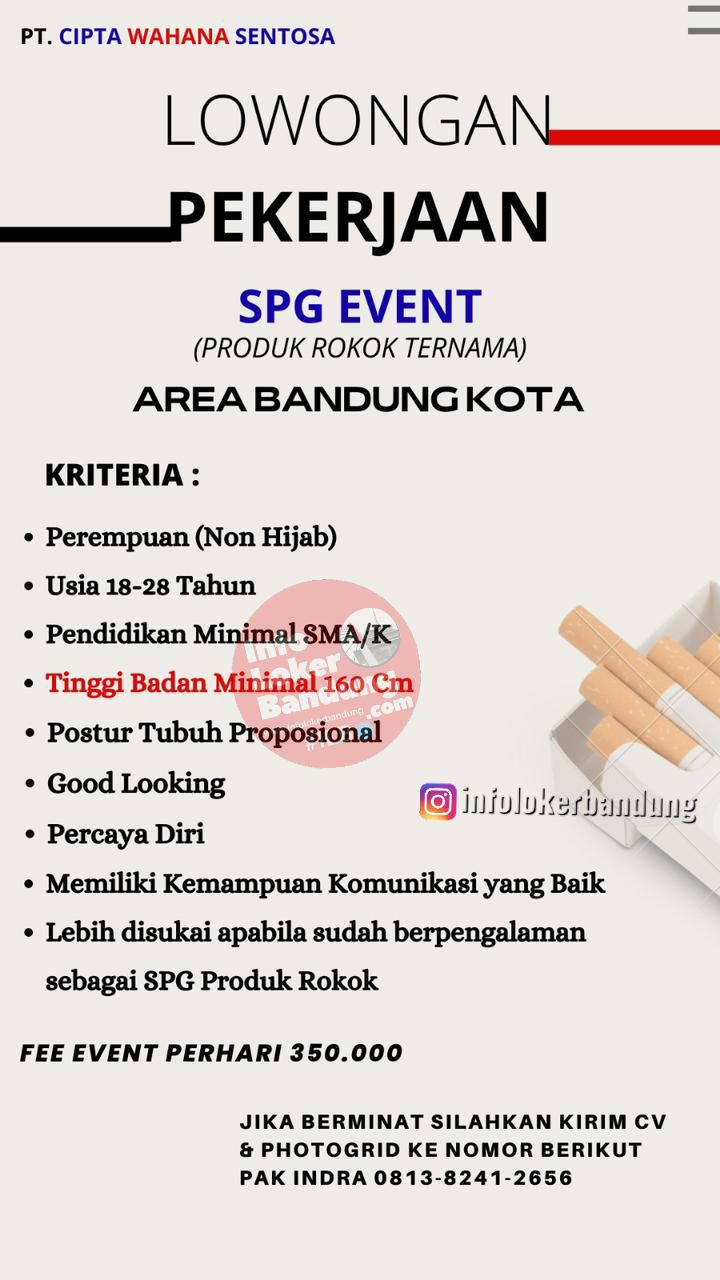 Lowongan Kerja SPG Event PT. Cipta Wahana Sentosa Bandung September 2023