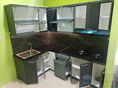 Kitchen Set Bentuk L  Dengan Penghisap Asap dan Meja Granit Asli + Furniture Semarang