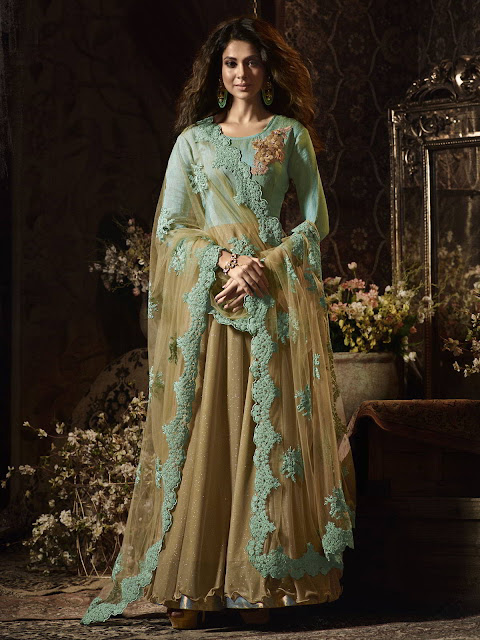 jennifer-winget-style-green-beige-partywear-anarkali-suit