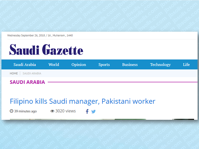 It is said that you cannot understand the situation an overseas Filipino worker is going through unless you became an OFW yourself. Sometimes they were caught in a situation where they cannot make a sound judgment resulting in an untoward result.  Our fervent request to our fellow OFWs, before you decide to work abroad, bring lots of patience and self-control.        Ads     Sponsored Links    A Filipino who went berserk and stabbed a Saudi manager and Pakistani employee to death and injured 5 more. They were working at the Farsan Island unit of Saudi Electricity Company (SEC) in the southern Jazan province.  The attacker whose identity except for his nationality was not disclosed, armed with a knife and a fire extinguisher was also seriously injured when security forces fired at him.  According to reports, the Filipino chased the Pakistani worker Arbab Ahmed with a knife and fire extinguisher following an argument between them at their accommodation. The Pakistani ran to the nearby company office to find shelter and went to the office of their manager Naseebi, 56, a Saudi Arabian national. The manager tried to calm the attacker but he was stabbed by the suspect and sustained wounds on the chest and throat.  While the other workers attempted to stop the suspect, he released the contents of the fire extinguisher. The security personnel was prompted to fire at him according to Saudi Gazette report.   In its twitter account, SEC offered condolence to the bereaved family members of the deceased manager and worker.     Filed under the category of overseas Filipino worker, OFW , work abroad, stabbing , Saudi arabia, KSA