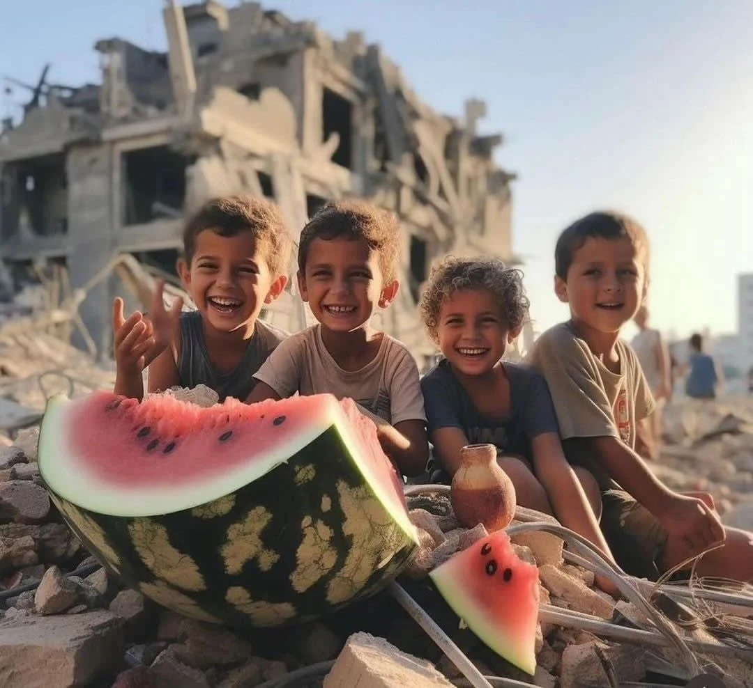 Gaza kids on Rubbles with Smile