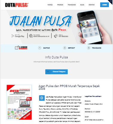 Duta-pulsa.co.id merupakan Agen Pulsa / Distributor Pulsa sebagai penyedia layanan bisnis pulsa elektrik all operator, PPOB termurah, dan Tiket Pesawat dengan dukungan ratusan biller lain seperti PLN, TELKOM, PDAM, ADIRA, FIF, OTO, MTF, BPJS, PRUDENTIAL, SINARMAS, TV Kabel dan pembayaran lainnya.