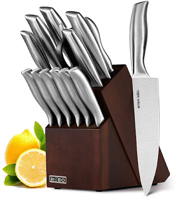 HOBO Knife Set,14-Piece Knives with Wooden Block, All-Purpose Kitchen Scissors and Sharpener Stainless Steel Chef Cutlery, Silver
