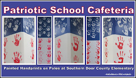 photo of: Patriotic Painted Handprints on School Cafeteria Poles