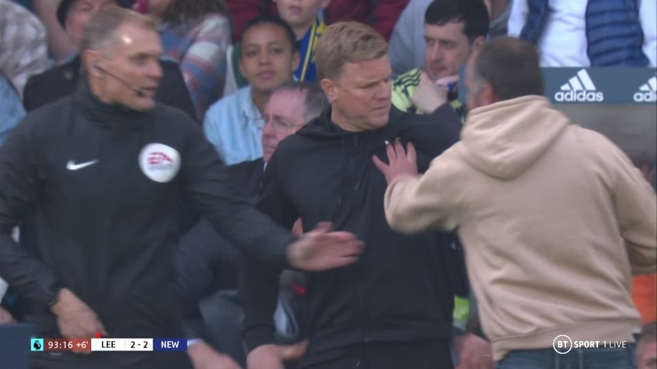 Fan confronts Newcastle manager Eddie Howe during Leeds clash