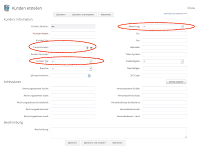 Formular, um Kunden in Zoho CRM zu erfassen. Besondere Hervorhebung der Felder Bewertung, Haupt-Kunden und Kunden-Typ