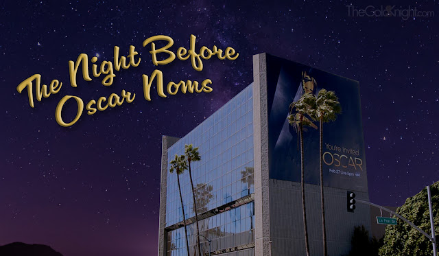 Illustration of The Academy's Headquarters on the night before Oscar nominations are announced, with a starry sky in the background.