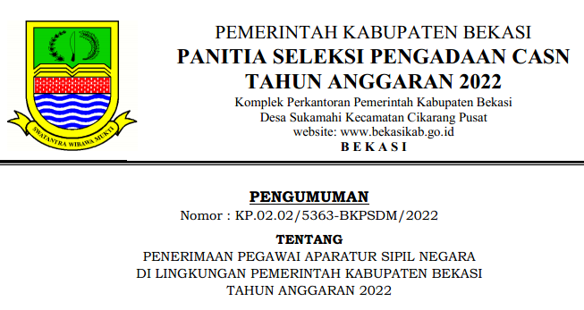 www.ainamulyana.com Rincian Penetapan Kebutuhan Formasi ASN PPPK Kabupaten Bekasi Tahun 2022. Kementerian Pendayagunaan Aparatur Negara dan Reformasi Birokrasi (PANRB) telah menetapkan Formasi ASN PPPK Kabupaten Bekasi Tahun 2022 melalui Keputusan Menpan RB Nomor 869 Tahun 2022 tentang Penetapan Kebutuhan Pegawai di lingkungan Pemerintah Kabupaten Bekasi Tahun 2022.  Sahabat ainamulyana.com, mengacu pada Keputusan Menpan RB Nomor 522 Tahun 2022 tentang Penetapan Formasi ASN PPPK Kabupaten (Pemkab) Gayo Lues Tahun 2022 atau Penetapan Kebutuhan Pegawai di lingkungan Pemerintah Kabupaten Bekasi Tahun 2022, akan dibuka formasi untuk guru sebanyak 490 orang dan 10 Tenaga Teknis.  Untuk seleksi PPPK Guru, perlu diketahui bahwa Kualifikasi pendidikan bagi jabatan guru pada Instansi Pemerintah Daerah merujuk Surat Edaran Direktur Jenderal Guru dan Tenaga Kependidikan, Kementerian Pendidikan, Kebudayaan, Riset, dan Teknologi SE Dirjen GTK nomor 4757/B/GT.01.01/2022 tanggal 4 Agustus 2022 tentang Peta Linieritas Seleksi Guru Aparatur Sipil Negara Pegawai Pemerintah dengan Perjanjian Kerja Tahun 2022.  Sebagaimana diketahui ASN adalah profesi bagi pegawai negeri sipil dan pegawai pemerintah dengan perjanjian kerja yang bekerja pada instansi pemerintah. ASN terdiri dari dua kategori yaitu PNS dan PPPK. Pegawai Negeri Sipil yang selanjutnya disingkat PNS adalah warga negara Indonesia yang memenuhi syarat tertentu, diangkat sebagai Pegawai ASN secara tetap oleh pejabat pembina kepegawaian untuk menduduki jabatan pemerintahan.  Sedangkan, Pegawai Pemerintah dengan Perjanjian Kerja yang selanjutnya disingkat PPPK adalah warga negara Indonesia yang memenuhi syarat tertentu, yang diangkat berdasarkan perjanjian kerja untuk jangka waktu tertentu dalam rangka melaksanakan tugas pemerintahan.  PNS dan PPPK juga memiliki hak sebagai aparatur sipil negara. PPPK sebagaimana dimaksud, diberikan gaji dan tunjangan sesuai dengan ketentuan peraturan perundang-undangan yang berlaku bagi Pegawai Negeri Sipil (PNS). Selain itu, dalam rangka pengembangan kompetensi untuk mendukung pelaksanaan tugas, PPPK dan PNS diberikan kesempatan untuk pengetahuan sesuai dengan perencanaan pengembangan kompetensi pada Instansi Pemerintah.  Salah satu aspirasi karier yang paling populer di antara orang-orang yang bermimpi menjadi Aparatur Sipil Negara (ASN) adalah menjadi guru atau pegawi kesehatan. Untuk menjadi pegawai ASN tahun 2022, calon guru atau calon pegawai tenaga kesehatan harus mengikuti seleksi Pegawai Pemerintah dengan Perjanjian Kerja (PPPK). Lalu, apa itu PPPK? Berdasarkan Peraturan Pemerintah Nomor 49 Tahun 2018 tentang Manajemen PPPK, Pegawai Pemerintah dengan Perjanjian Kerja (PPPK) merupakan warga negara Indonesia yang memenuhi syarat tertentu, yang diangkat berdasarkan perjanjian kerja untuk jangka waktu tertentu dalam rangka melaksanakan tugas jabatan pemerintahan.     PPPK diangkat dalam jabatan tertentu untuk melaksanakan tugas jabatan sesuai dengan ketentuan peraturan perundang-undangan. PPPK yang diangkat negara akan melaksanakan tugas jabatan dan diberikan gaji sesuai golongan dan masa kerja golongan.  Besaran gaji PPPK merupakan besaran gaji sebelum dikenakan perhitungan pajak penghasilan, sesuai peraturan perundang-undangan yang berlaku. Kenaikan gaji seorang PPPK umumnya digolongkan menjadi dua, yaitu kenaikan gaji berkala dan kenaikan gaji istimewa yang diberlakukan sesuai dengan ketentuan peraturan perundang-undangan. Ketentuan ini diatur dengan lebih mendetail di Peraturan Menteri yang menyelenggarakan urusan pemerintahan di bidang pendayagunaan aparatur negara.  Tak hanya menerima gaji, PPPK juga menerima tunjangan sesuai dengan tunjangan PNS pada Instansi Pemerintah tempat PPPK bekerja. Tunjangan ini diberikan kepada PPPK sesuai dengan peraturan perundang-undangan di bidang tunjangan sebagaimana berlaku bagi PNS. Tunjangan ini terdiri dari: tunjangan keluarga, tunjangan pangan,  tunjangan jabatan struktural, tunjangan jabatan fungsional, atau tunjangan lainnya.  Bagi Anda tertarik terkait Informasi Rincian Formasi ASN PPPK Kabupaten (Pemkab) Gayo Lues Tahun 2022, karena berencana untuk mengikuti seleksi ASN PPPK Guru di lingkungan Kabupaten Bekasi, silahkan download atau baca Salinan Keputusan Menpan RB Nomor 869 Tahun 2022 tentang Penetapan Kebutuhan atau Formasi ASN PPPK Kabupaten Bekasi.   Link Download Formasi ASN PPPK Kabupaten Bekasi Tahun 2022 Disini  Demikian informasi tentang Formasi ASN PPPK Kabupaten Bekasi Tahun 2022. Semoga ada manfaatnya. Dapatkan informasi dan berita menarik lainnya melalui laman https://www.ainamulyana.com/.