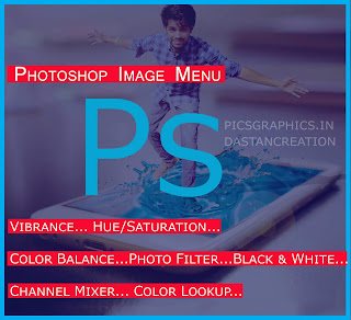 Image Menu Adjustments Vibrance Hue/Saturation Color Balance Black & White Photo Filter, Channel Mixer Color Lookup, Hindi me,Understand color adjustments in Photoshop image adjustment in photoshop, color and image adjustment tools in photoshop, Image menu of Photoshop