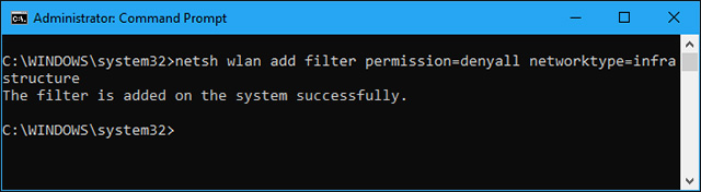 netsh wlan追加フィルタ許可= denyall networktype =インフラストラクチャ