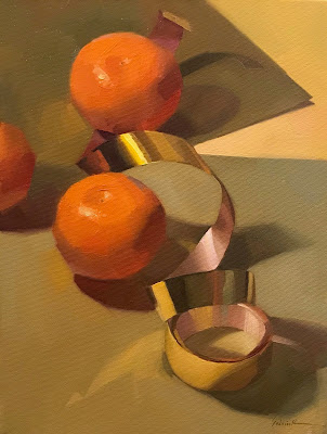 gold ribbon painting oranges still life art