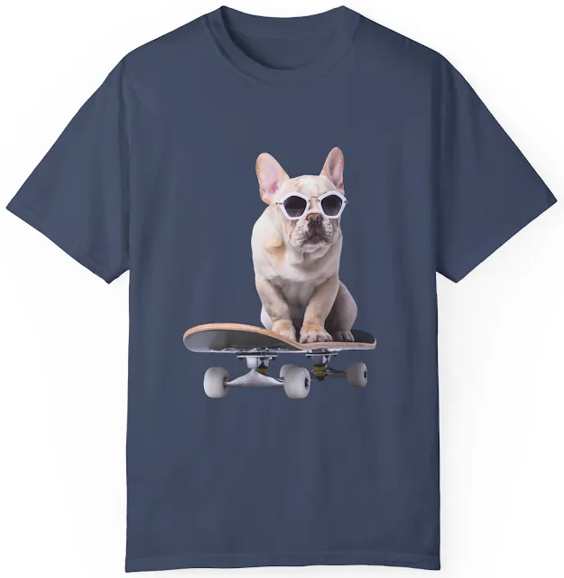 Unisex Garment Dyed Comfort Colors T-Shirt With French Bulldog Sitting on Skateboard Wearing Sunglasses With White Frames