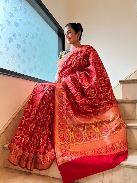 Red Banarasi silk saree