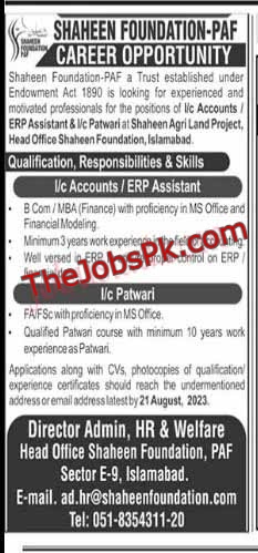 Latest Jobs in Shaheen Foundation-PAF in Islamabad 2023