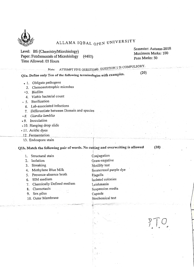 AIOU - Fundamentals of Microbiology 4403 Autumn 2018