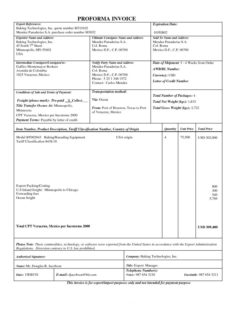 Sample Export Invoice Export Proforma