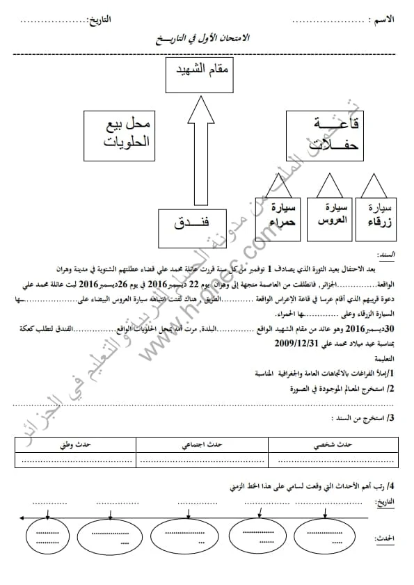 نماذج اختبارات السنة الثالثة ابتدائي مادة التاريخ والجغرافيا الفصل الأول الجيل الثاني