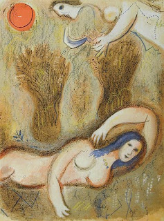 Chagall, Boaz Wakes up and Sees Ruth at his Feet.  Lithograph, 1960.