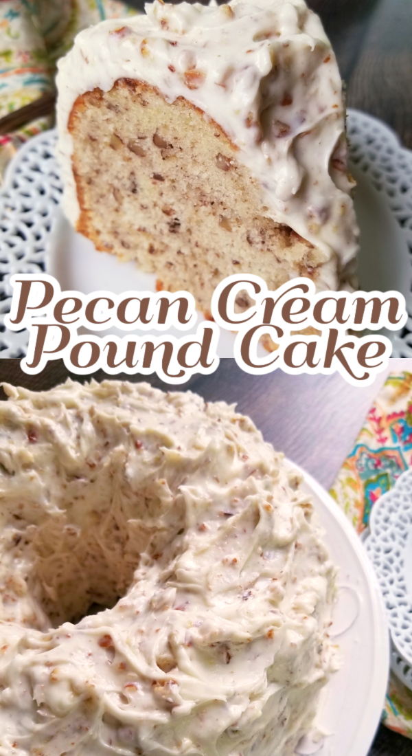 Pecan Cream Pound Cake with THE BEST Pecan Cream Cheese Frosting | A decadent Southern pound cake recipe made with sour cream and pecans topped with an ultra creamy pecan-studded cream cheese frosting that will have folks begging for the recipe!