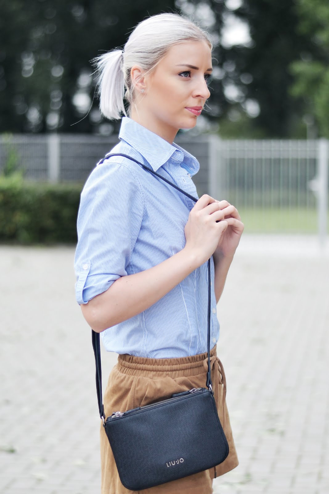 Striped blue shirt, suede shorts, sacha shoes, patent, outfit, liu jo trio bag