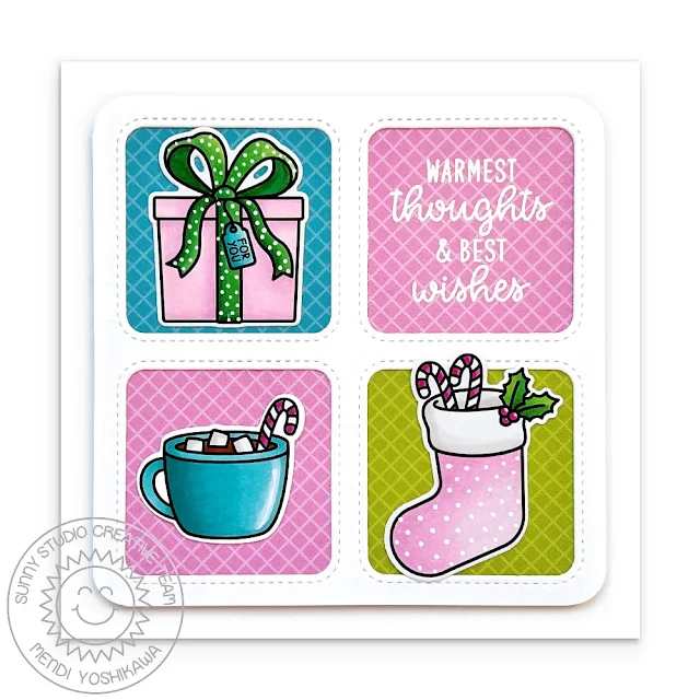 Sunny Studio Pastel Stocking, Gift Box, & Hot Cocoa Mug Square Grid Style Christmas Card (using Holiday Hugs & Inside Greetings Holiday Stamps, Window Quad Square Dies & Classic Gingham Paper)