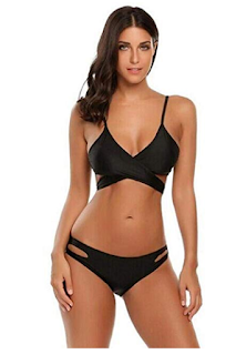 Women Bikini Swimsuit Set Two-Piece Sexy V-Neck Spaghetti Strap Solid Criss Cross Bandage Bikini Swimwear Bathing Suits Black