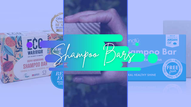 Banner showing three types of shampoo bars with text overlayed