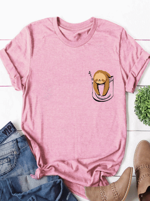 Cute Pocket Sloth Cotton Short Sleeve Womens T-Shirt