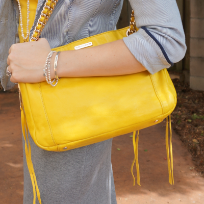Rebecca Minkoff canary yellow swing bag with grey maxi skirt pinstripe blazer