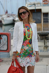 Mango lace blazer, mini dress with tropical print, sportmax necklace, Fashion and Cookies