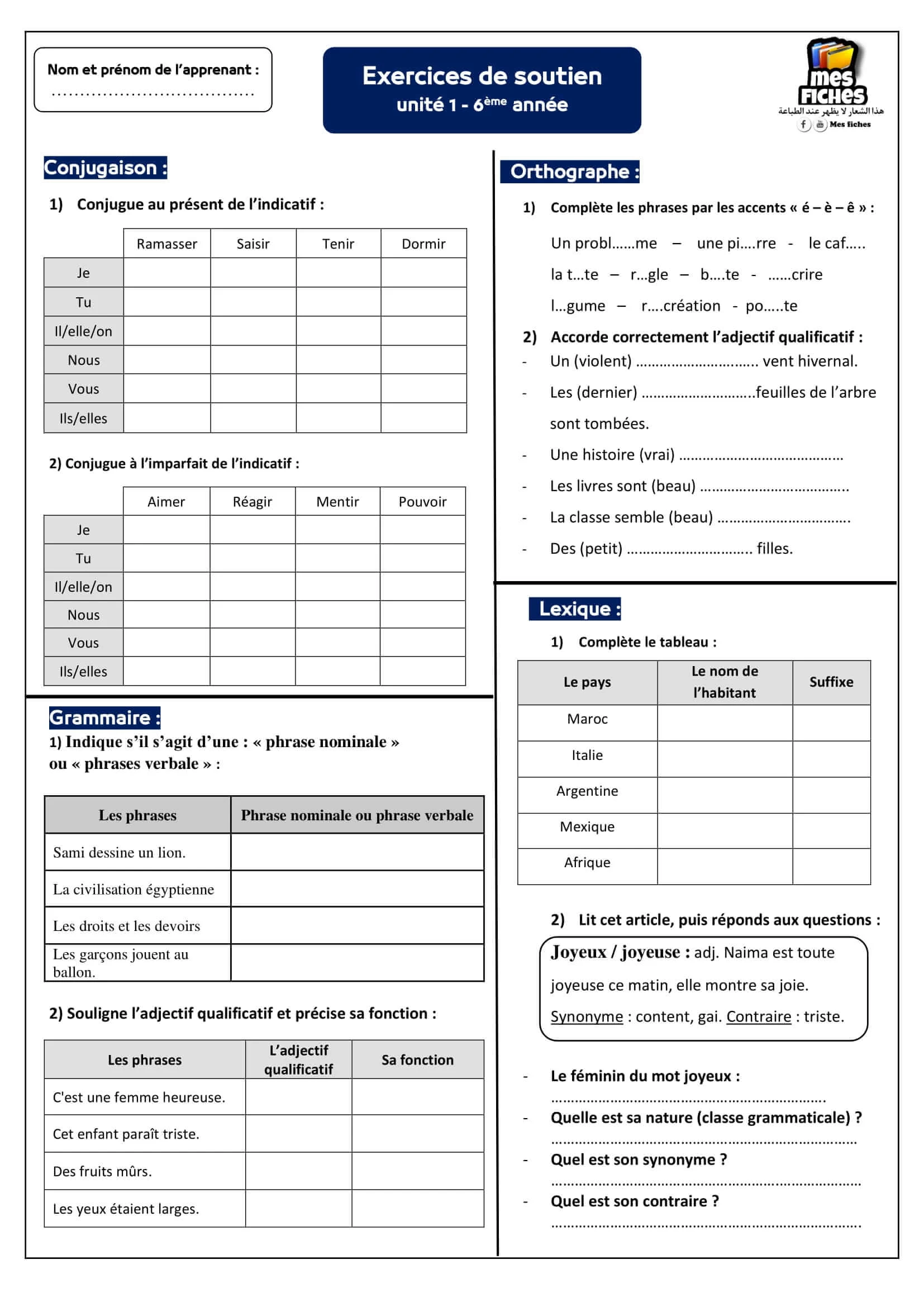 Exercices de soutien et remédiation unité 1 6AEP