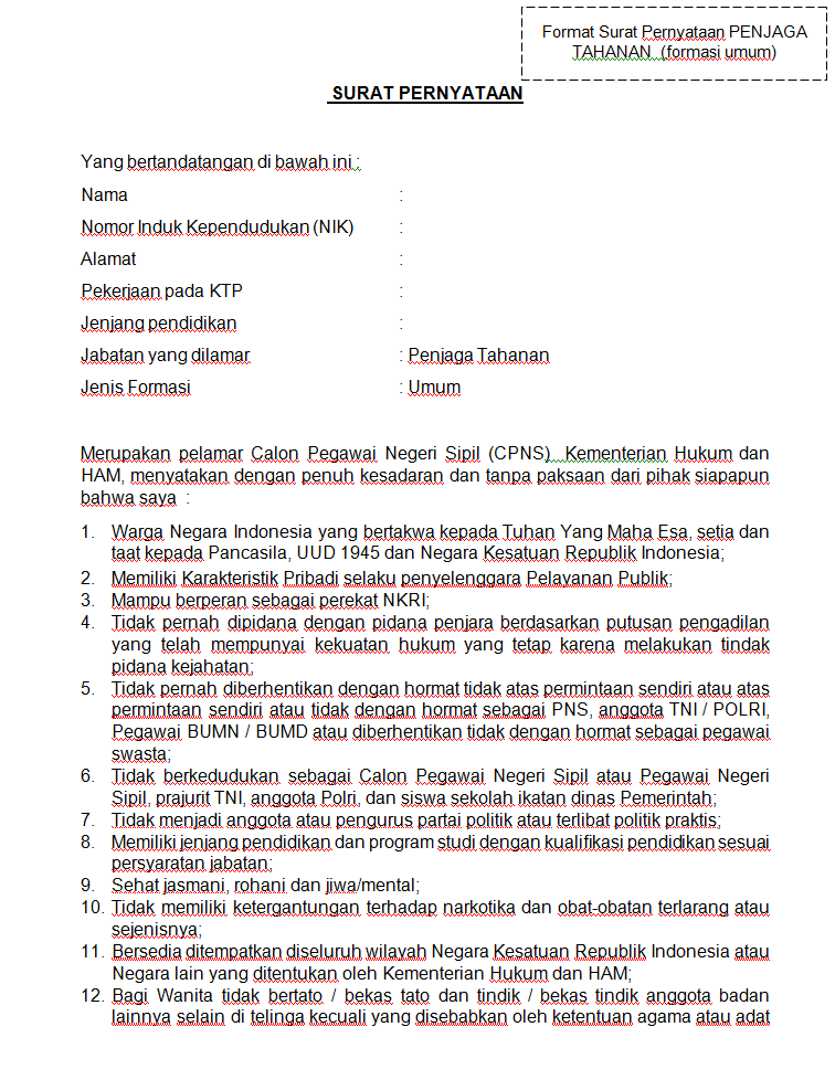 Format Terbaru Contoh Surat Lamaran Pernyataan Cpns