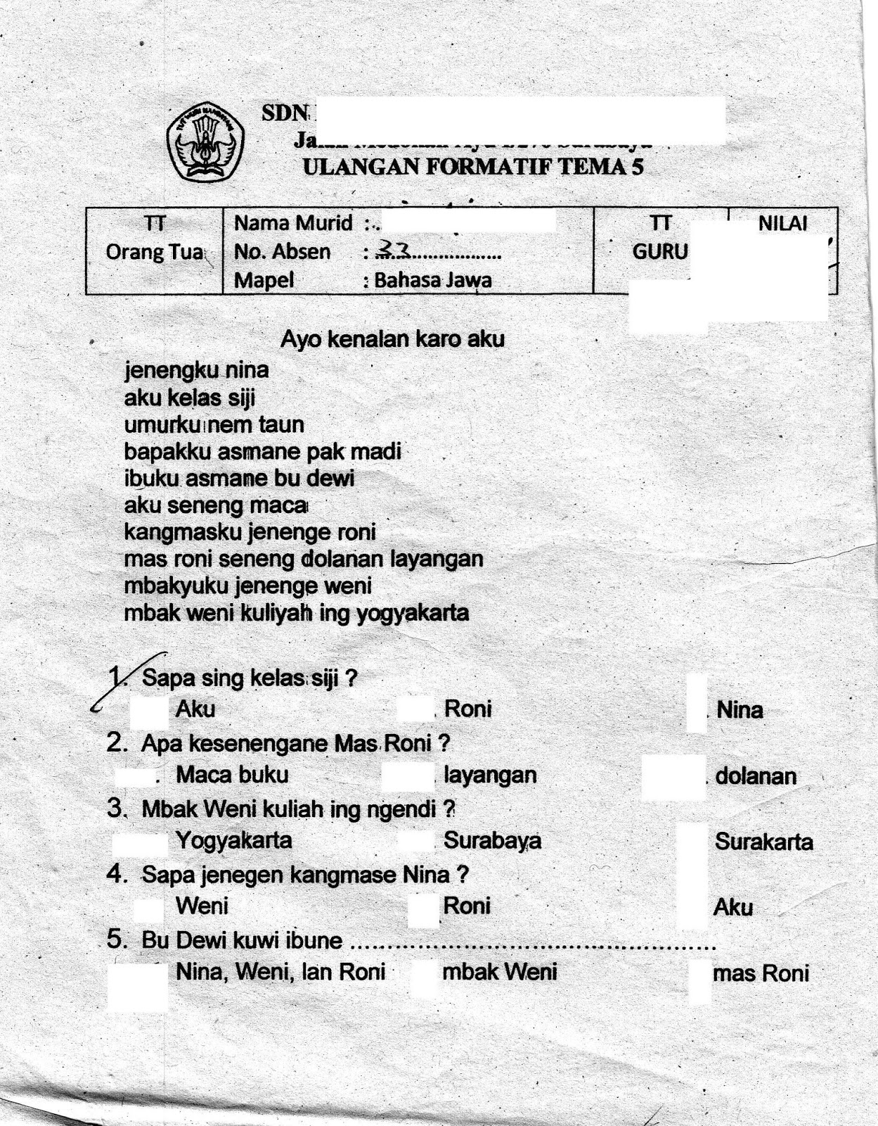 Ulangan Formatif Bahasa Jawa SD Kelas 1 TA 2015 2016 Kurikulum2013