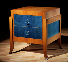 bedside table with blue drawers