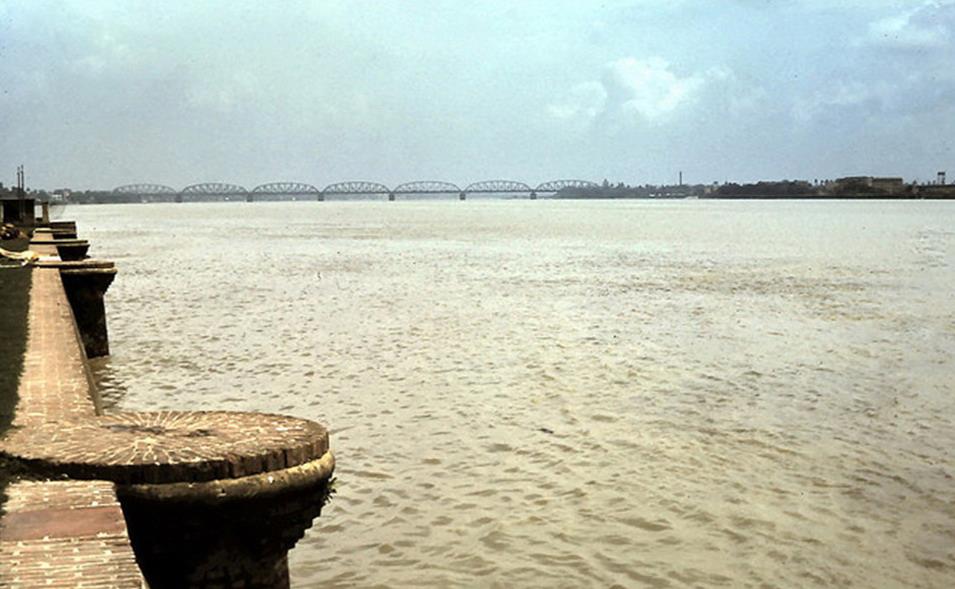 Banks of Hooghly River at Belur Math. Bally Bridge in Distance