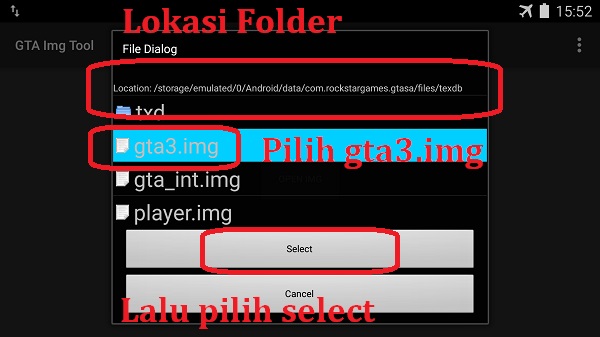 Lalu arahkan ke folder internal/Android/Data/Com.rockstargames.gtasa/Files/Texdb. Lalu pilih file gta3.img dan pilih Select. Seperti gambar berikut.