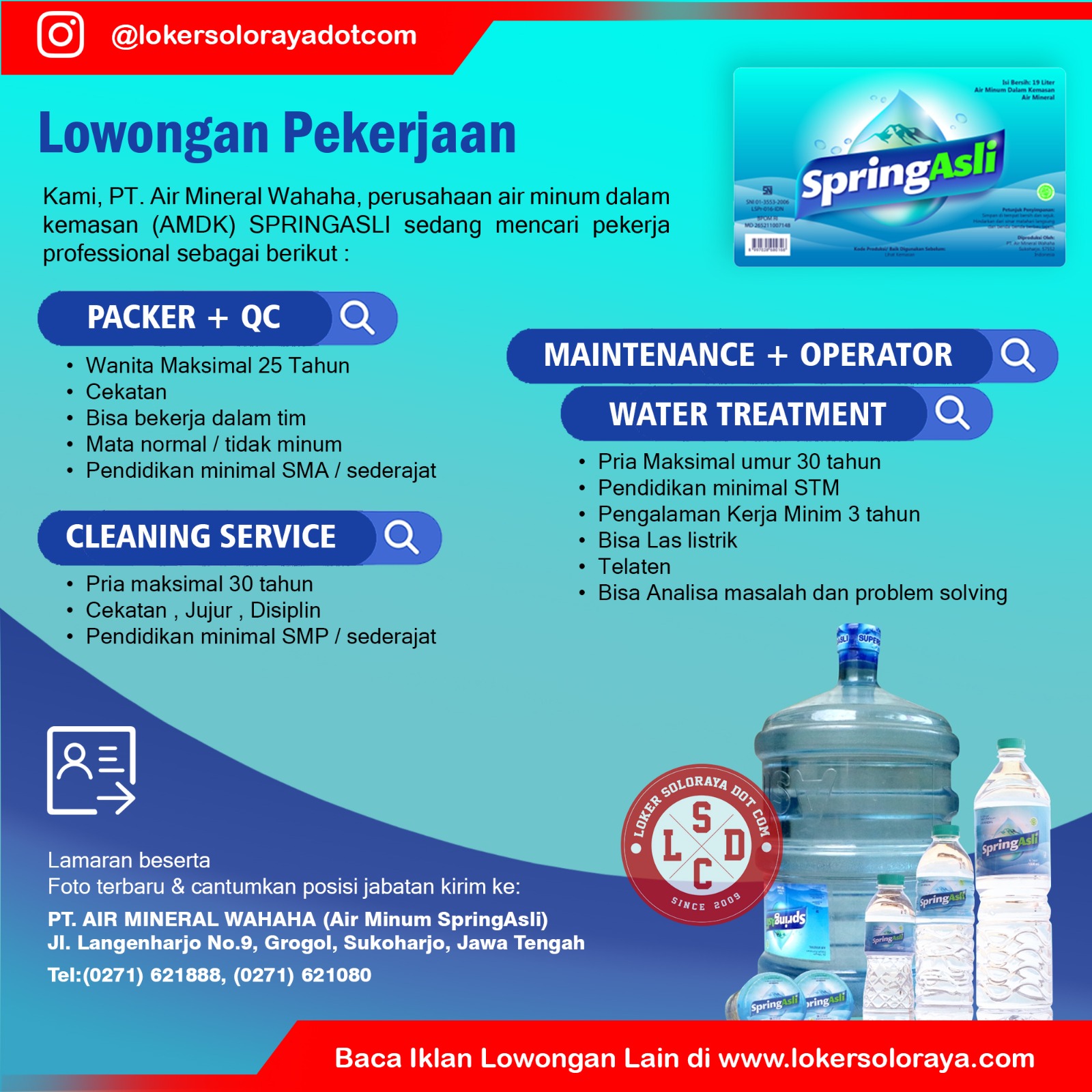Loker PT Air Mineral Wahaha Sukoharjo Maintenance & Operator, Packer & QC, Cleaning Service