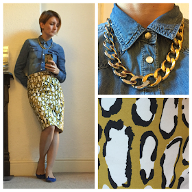 Boden print pencil skirt and LaRedoute denim shirt