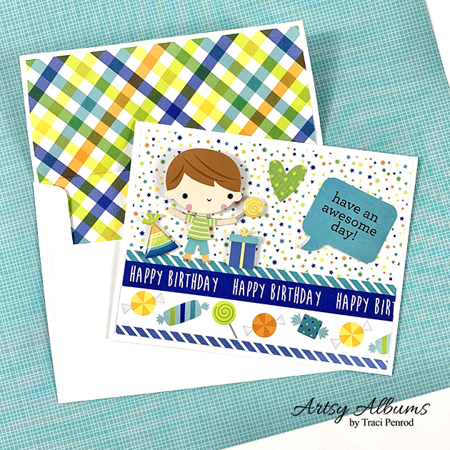 2 Cute Handmade Birthday Card with a colorful plaid, presents, party hats, candy, and a birthday boy