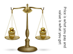 Picture shows a weighing scale with two weights price and value on the two sides of the balance