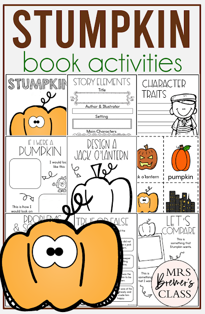 Stumpkin book activities unit with read aloud companion printables, reading comprehension worksheets, and literacy lesson ideas for Halloween in Kindergarten, First Grade, and Second Grade