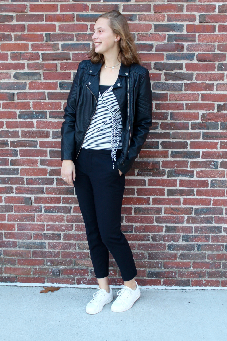 leather jacket, ankle length pants and black and white wrap top #ootd #fashion #bw