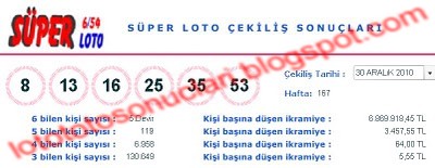 30 Aralık  2010 Süper Loto Çekiliş Sonuçları (30.12.2010)