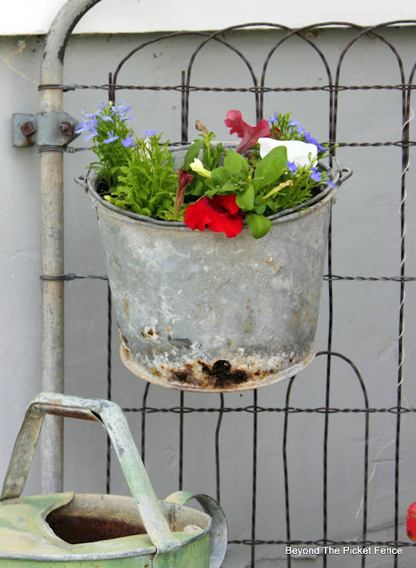 garden junk, metal bucket, garden gate, annuals, petunias, upcycled, http://bec4-beyondthepicketfence.blogspot.com/2016/05/junk-planters.html